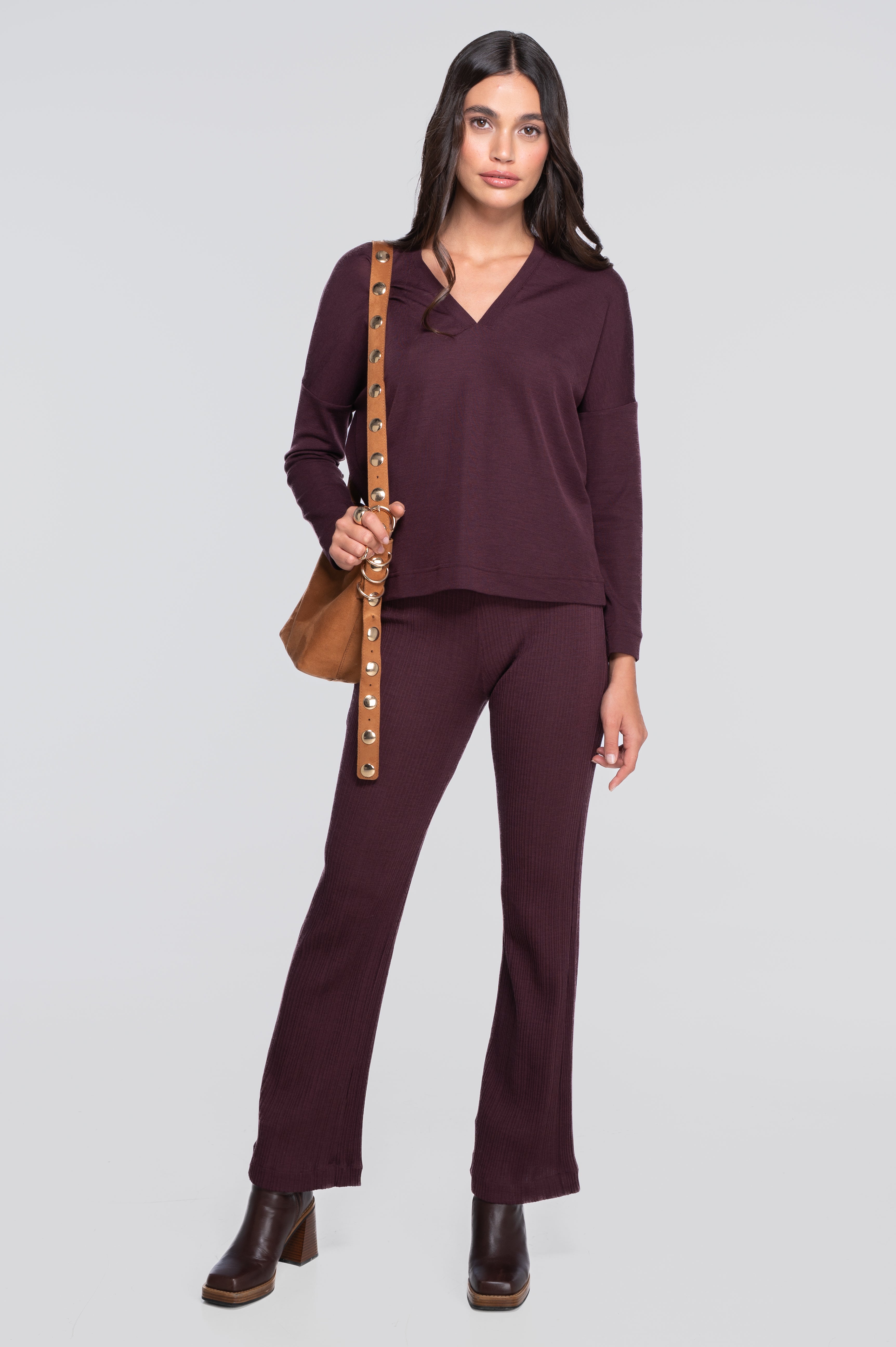 Wool and silk long sleeves V neck shirt 7636