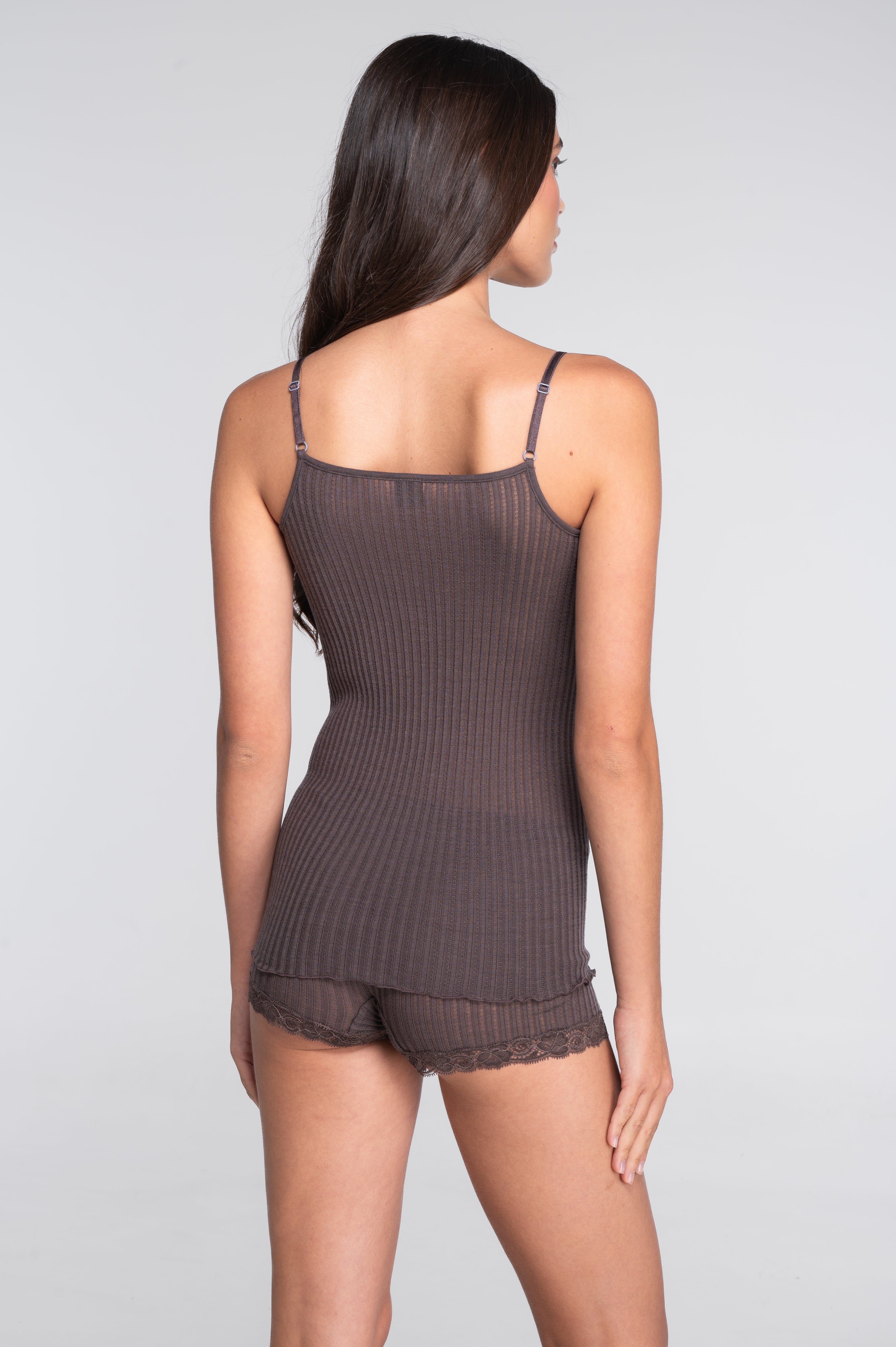 Straight neckline camisole top  in ajouré wool and silk with Leavers lace 7646