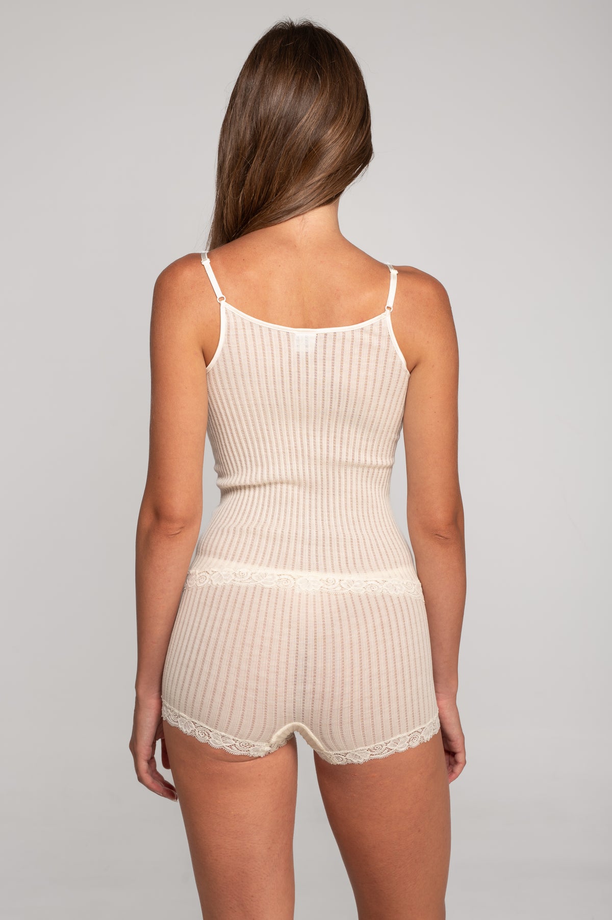 V neck camisole top in ajouré wool and silk with Leavers lace 7647