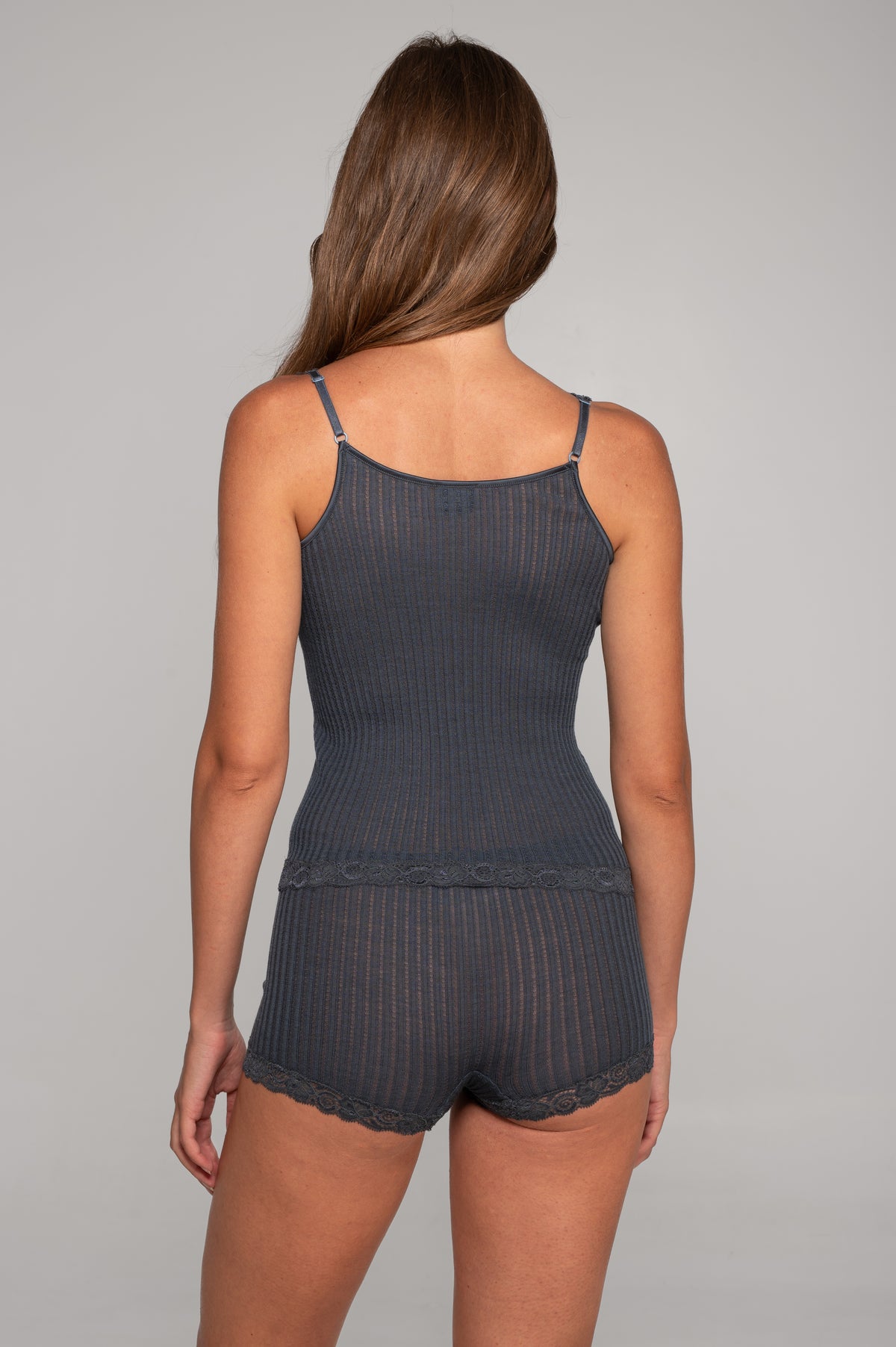 V neck camisole top in ajouré wool and silk with Leavers lace 7647