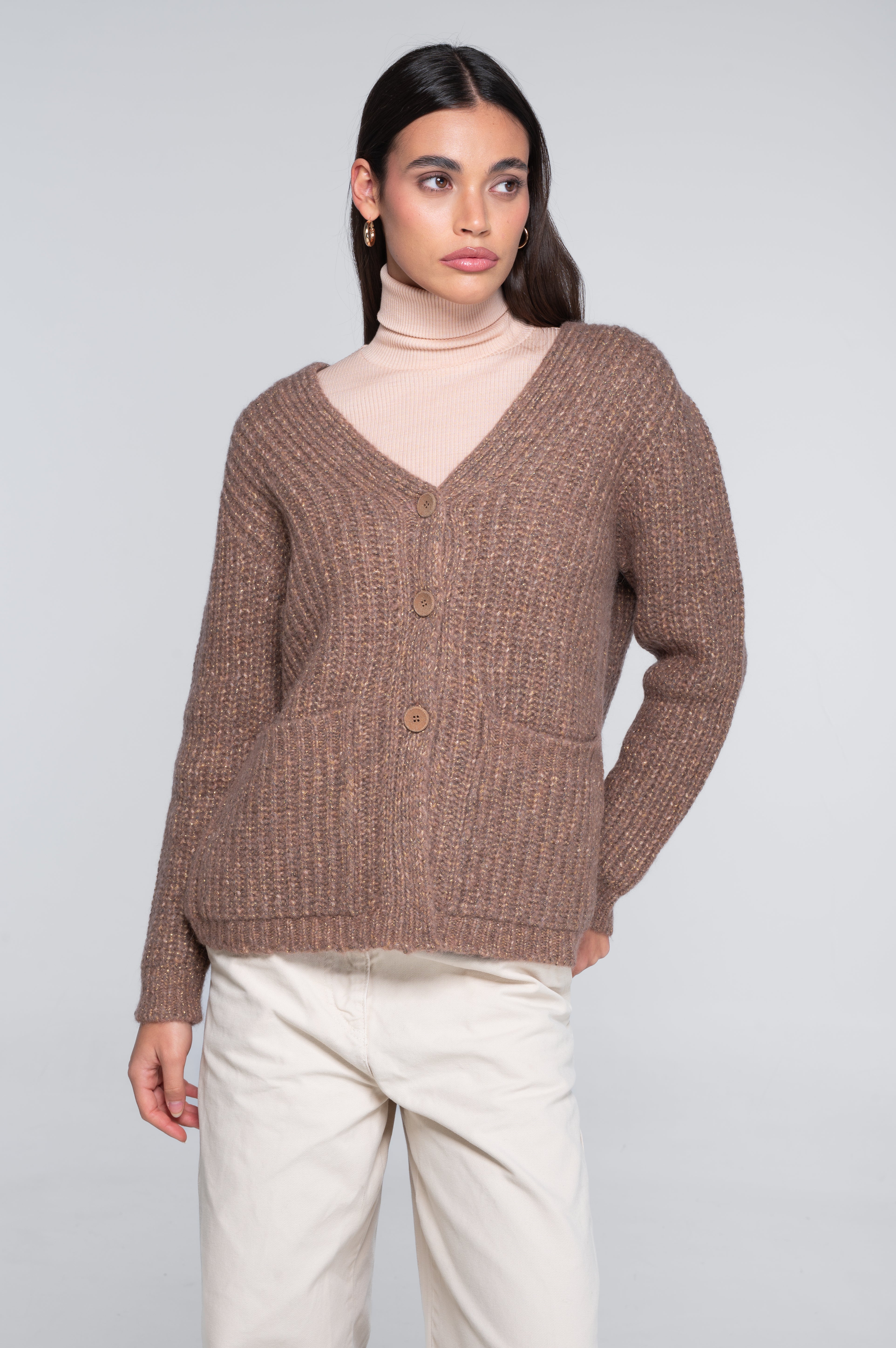V neck cardigan in alpaca blend with lurex 7662