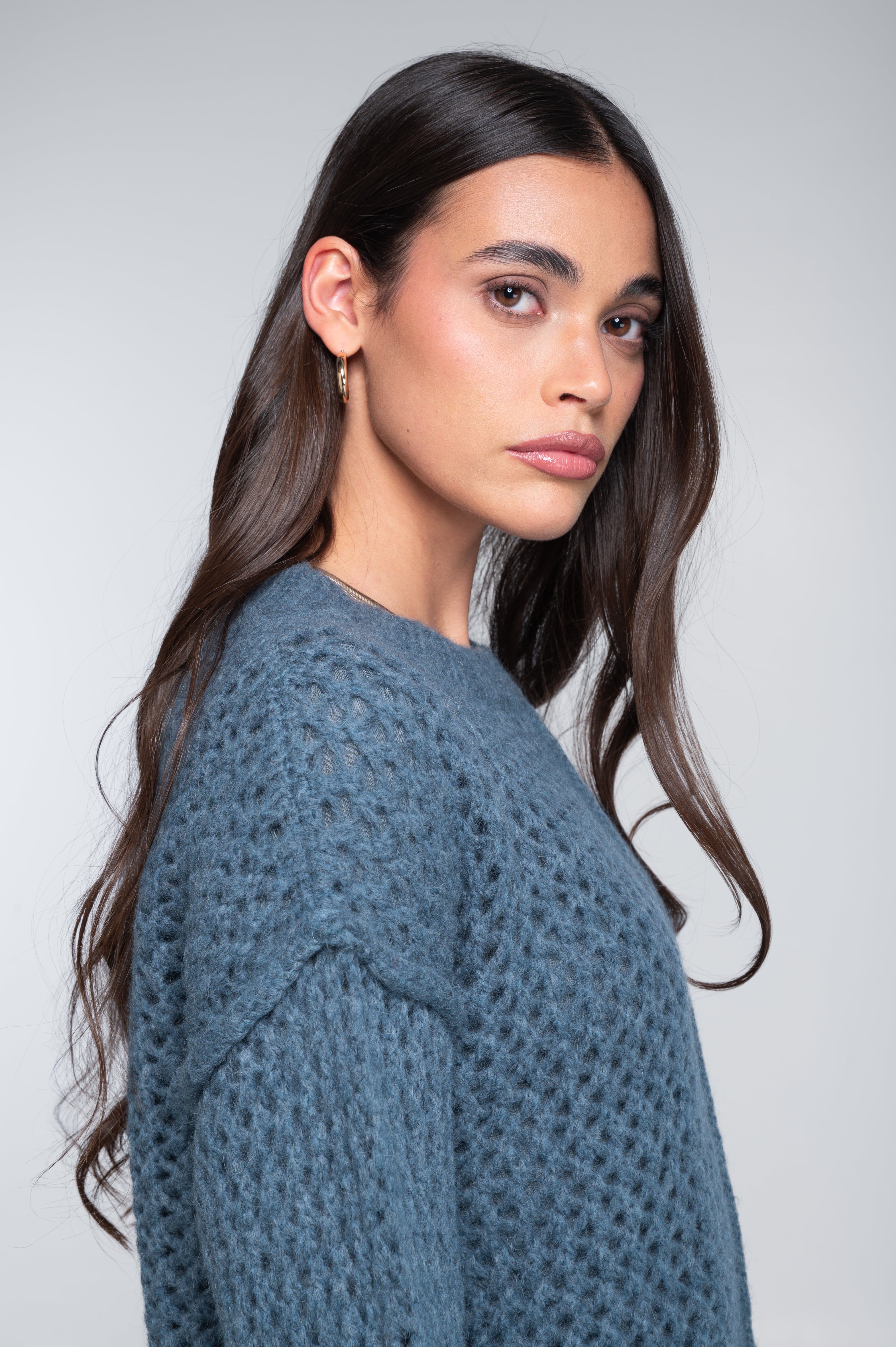 Roundneck pullover in alpaca blend with openwork texture 7680