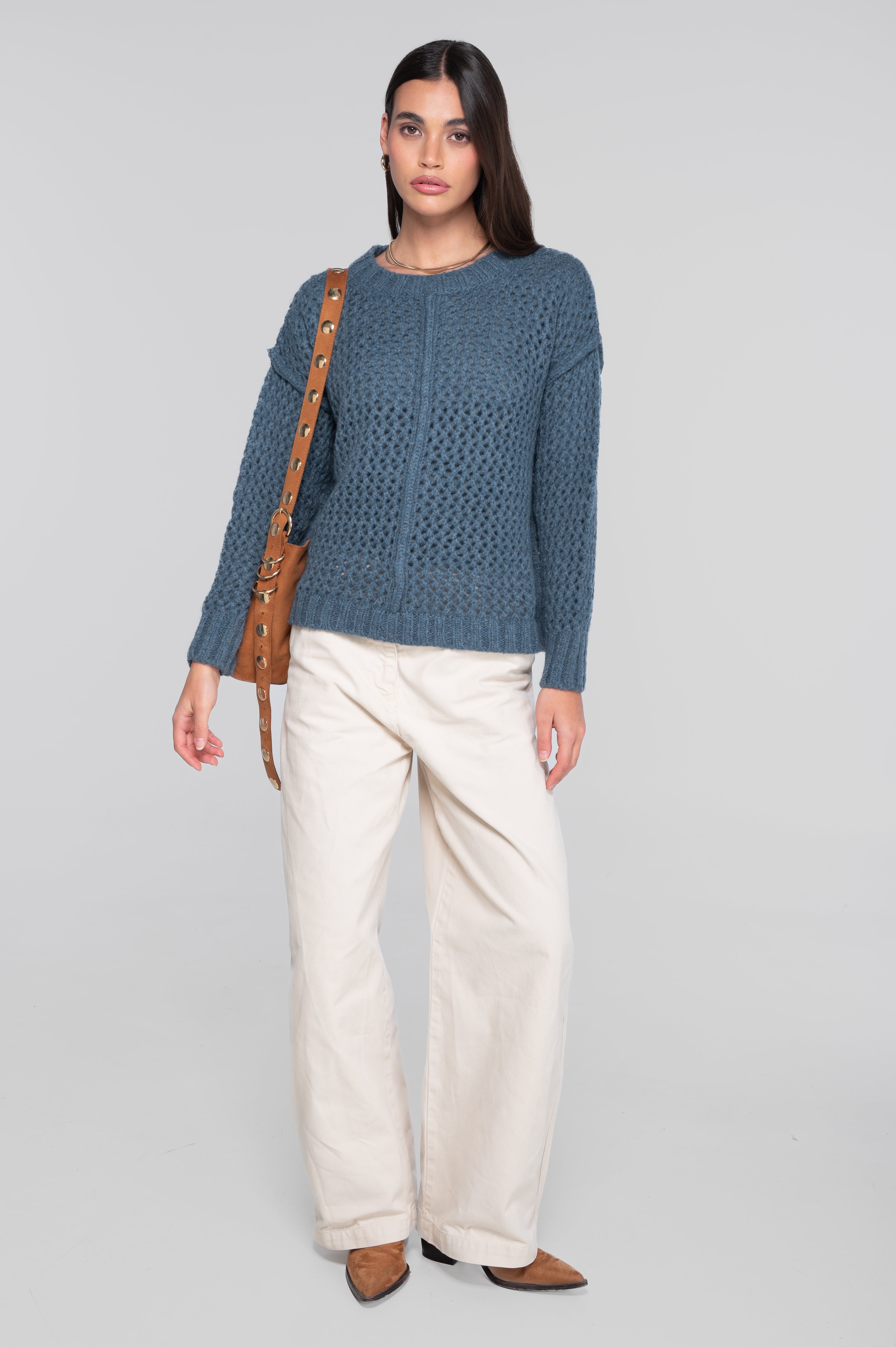 Roundneck pullover in alpaca blend with openwork texture 7680