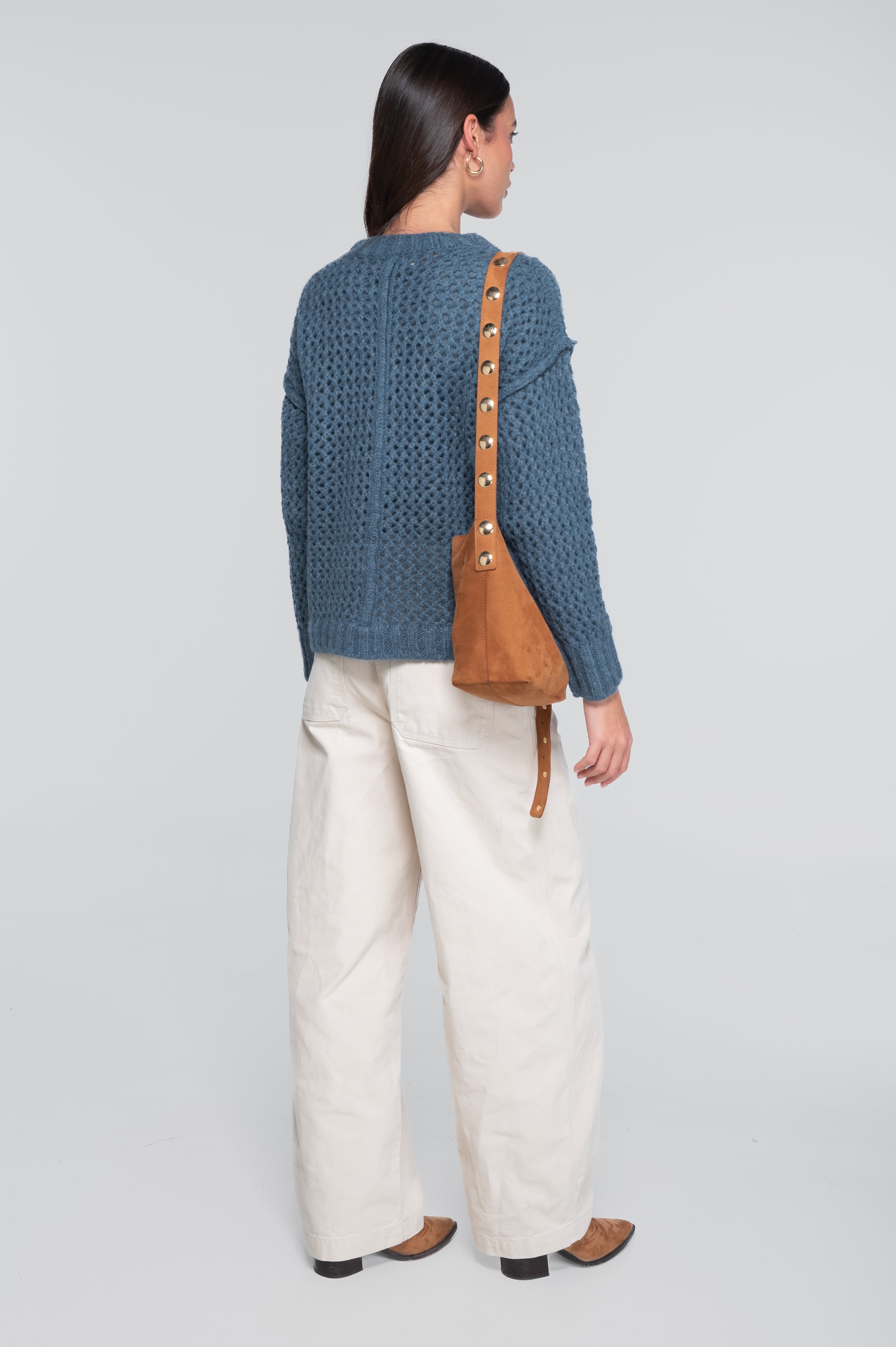 Roundneck pullover in alpaca blend with openwork texture 7680