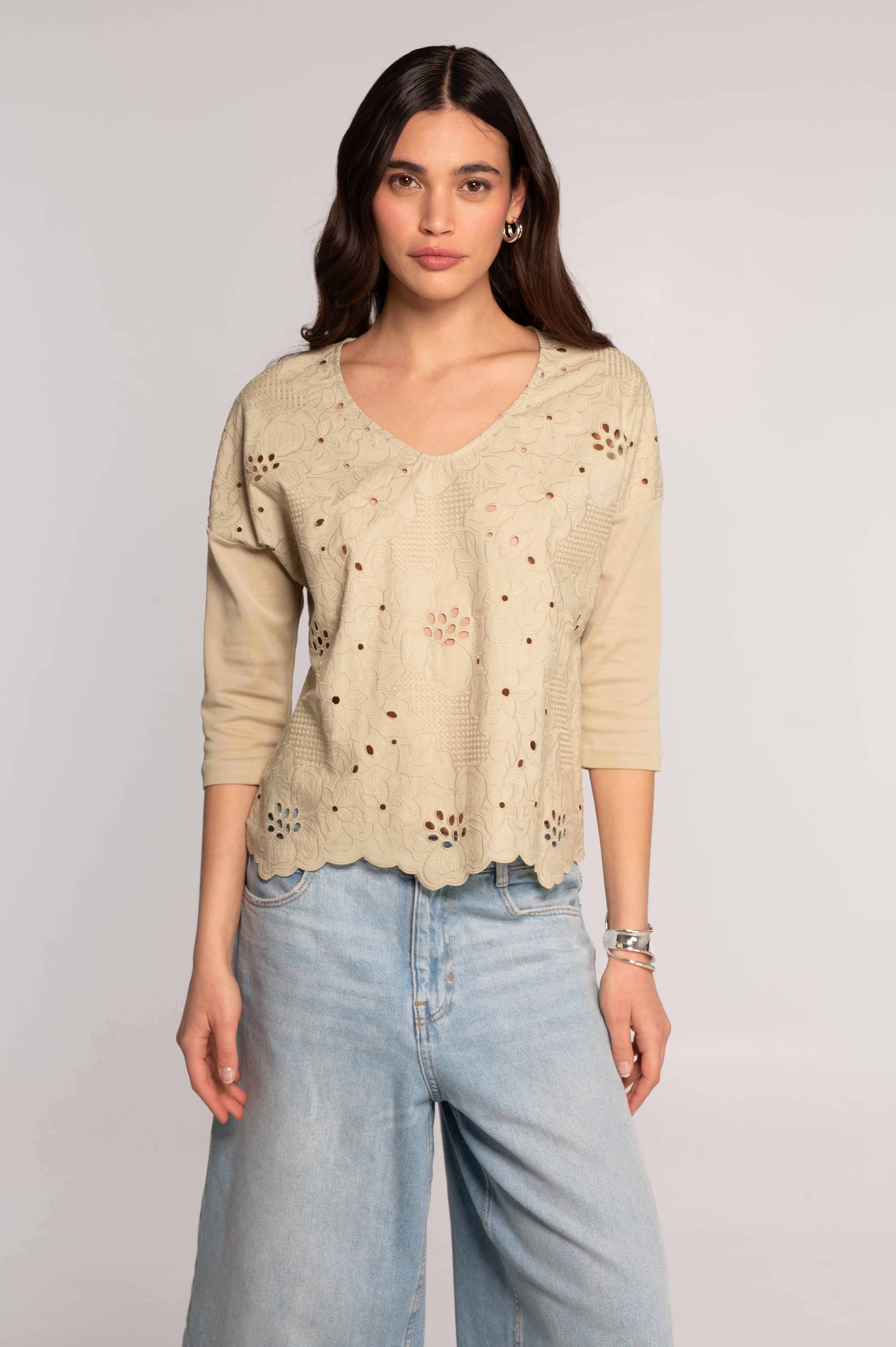 Broderie anglaise V neck blouse 7715
