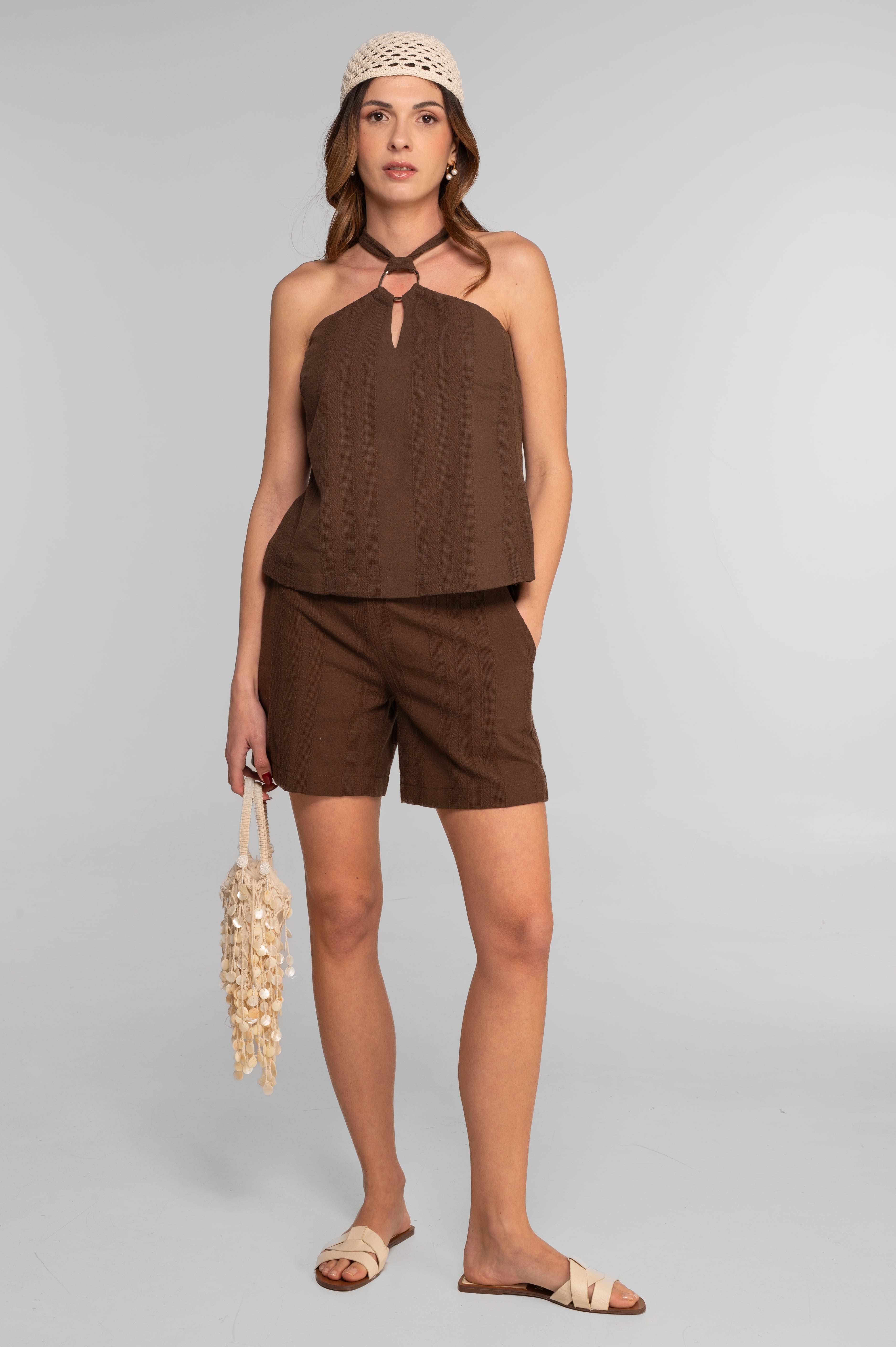 Cotton jacquard halter neck top 7730X