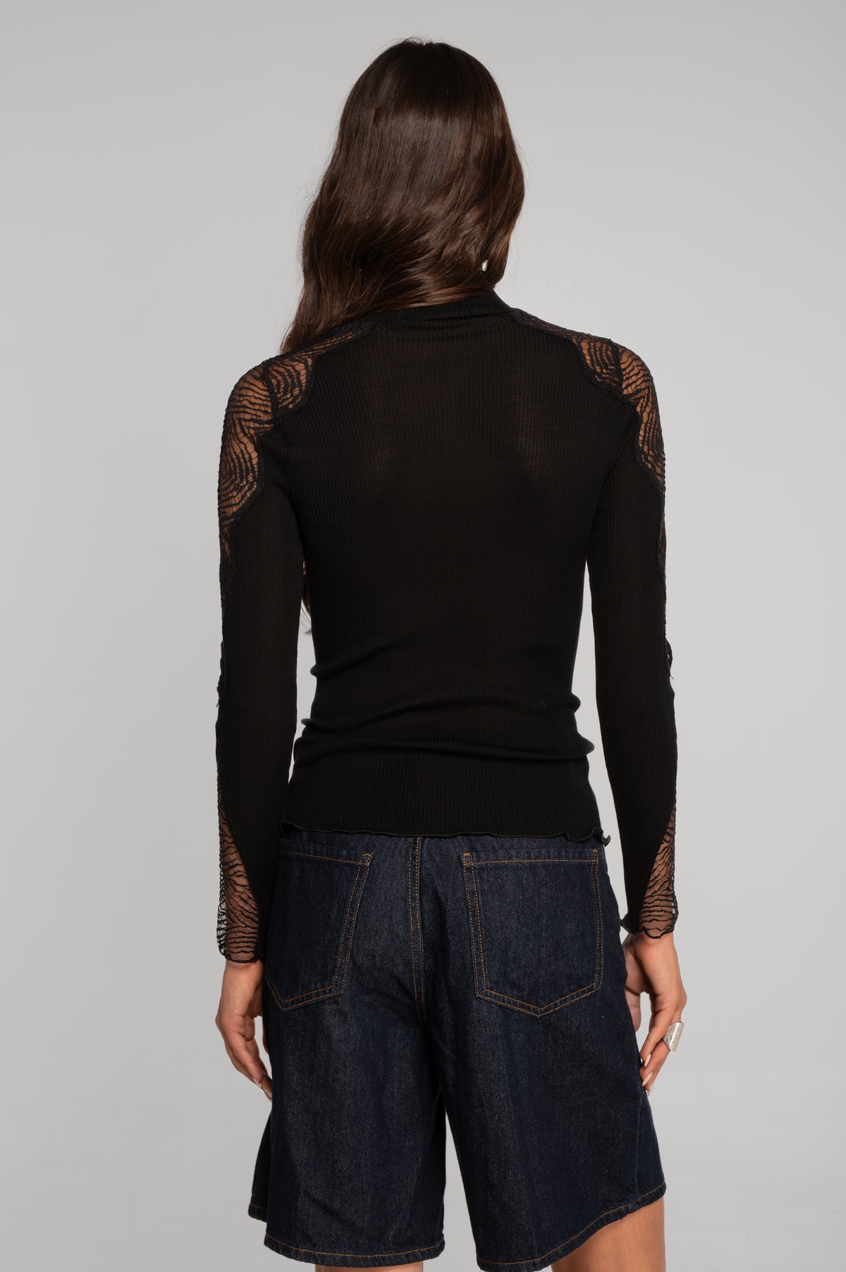 Wool and silk long sleeves mock neck shirt with Chantilly lace insert 7816