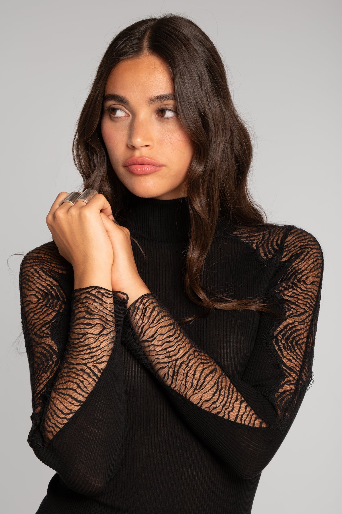 Wool and silk long sleeves mock neck shirt with Chantilly lace insert 7816