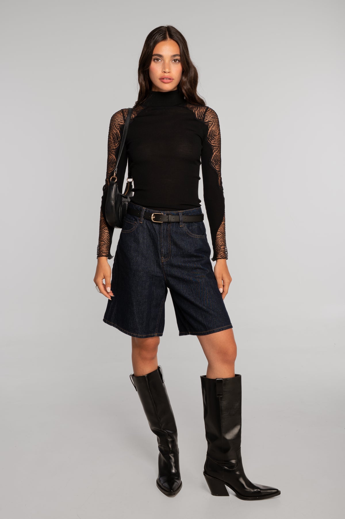 Wool and silk long sleeves mock neck shirt with Chantilly lace insert 7816