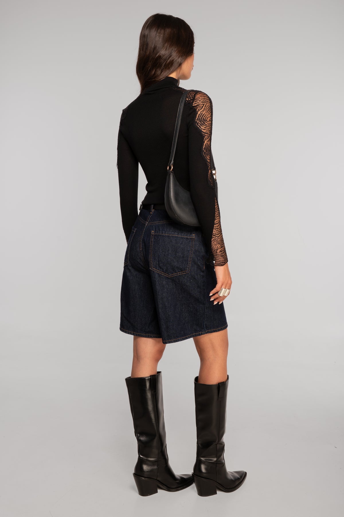 Wool and silk long sleeves mock neck shirt with Chantilly lace insert 7816