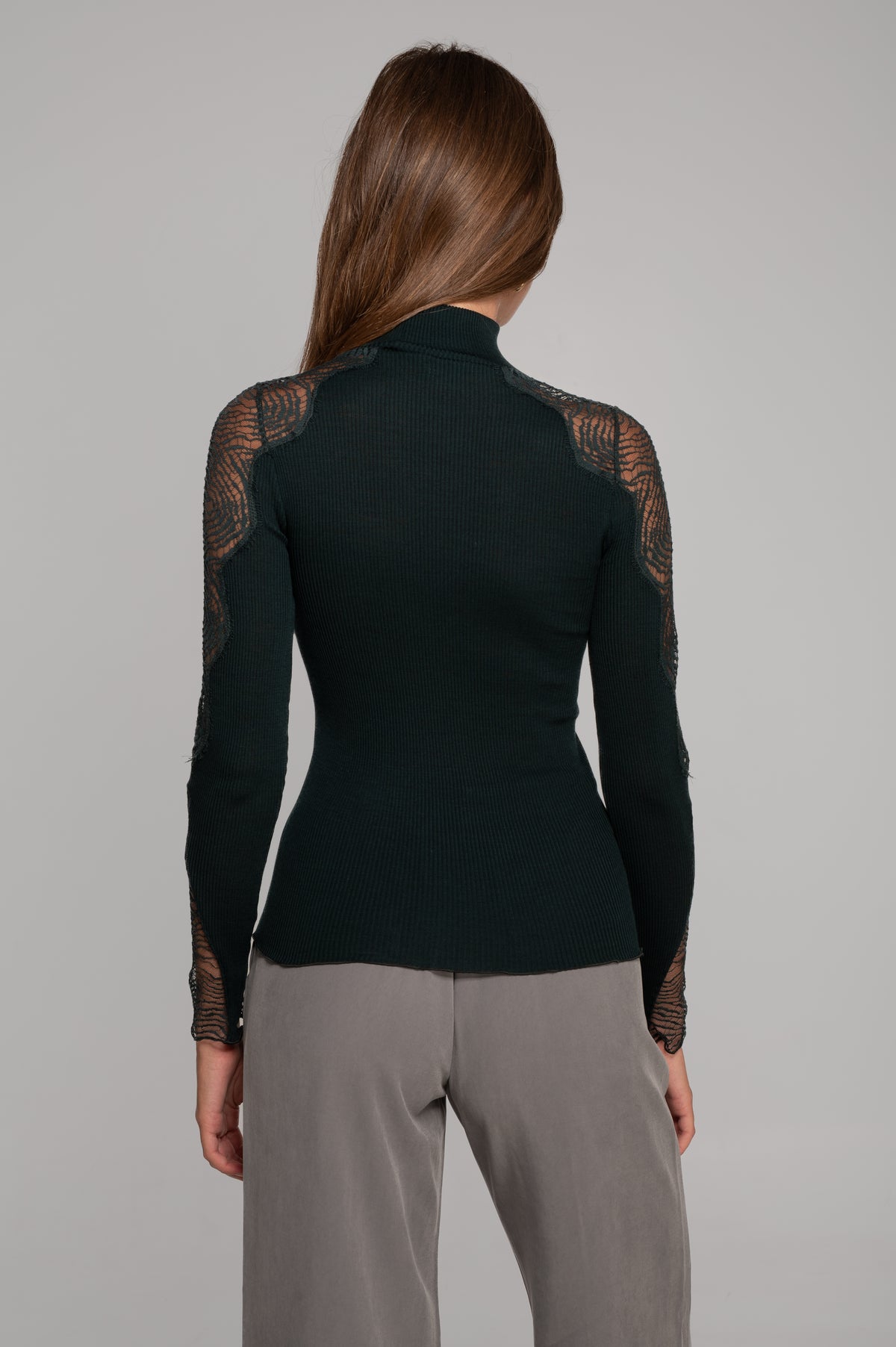 Wool and silk long sleeves mock neck shirt with Chantilly lace insert 7816