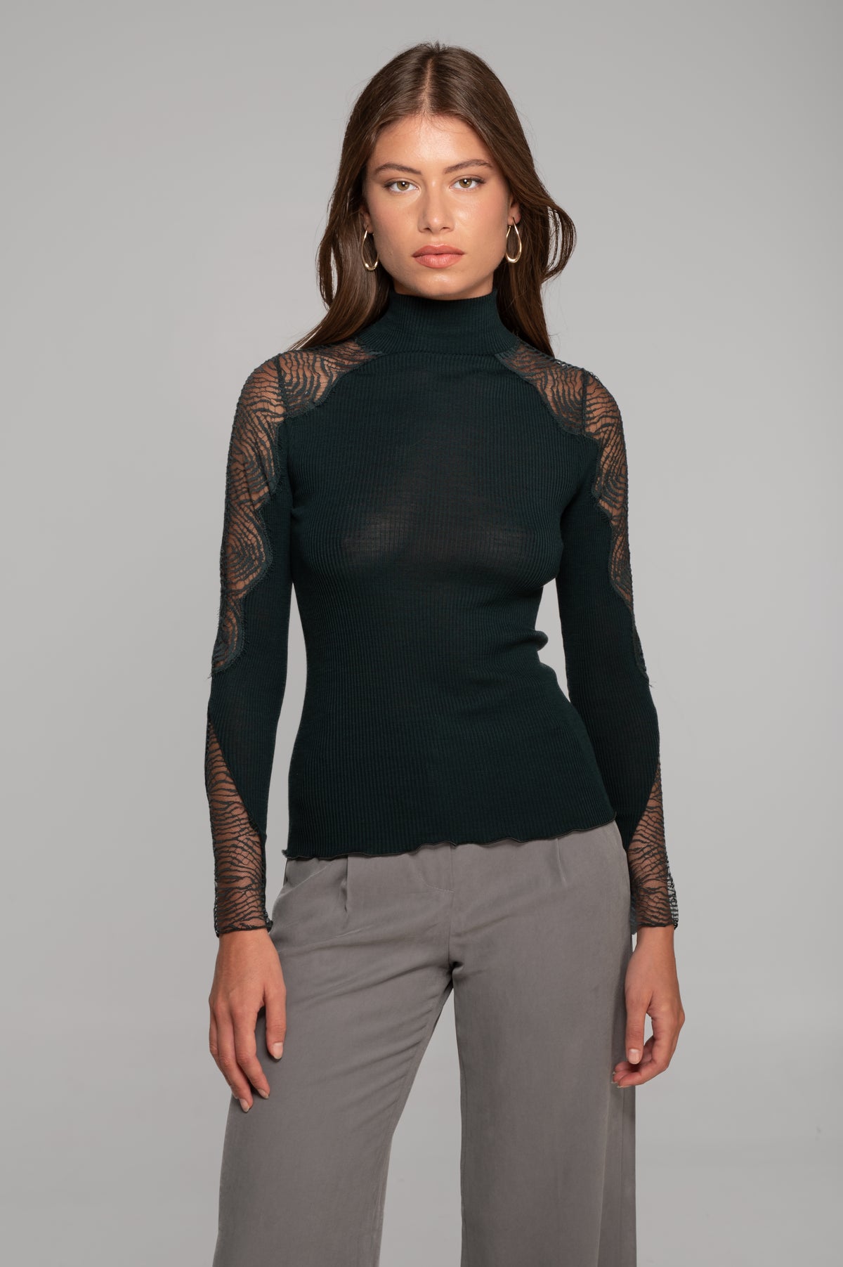 Wool and silk long sleeves mock neck shirt with Chantilly lace insert 7816