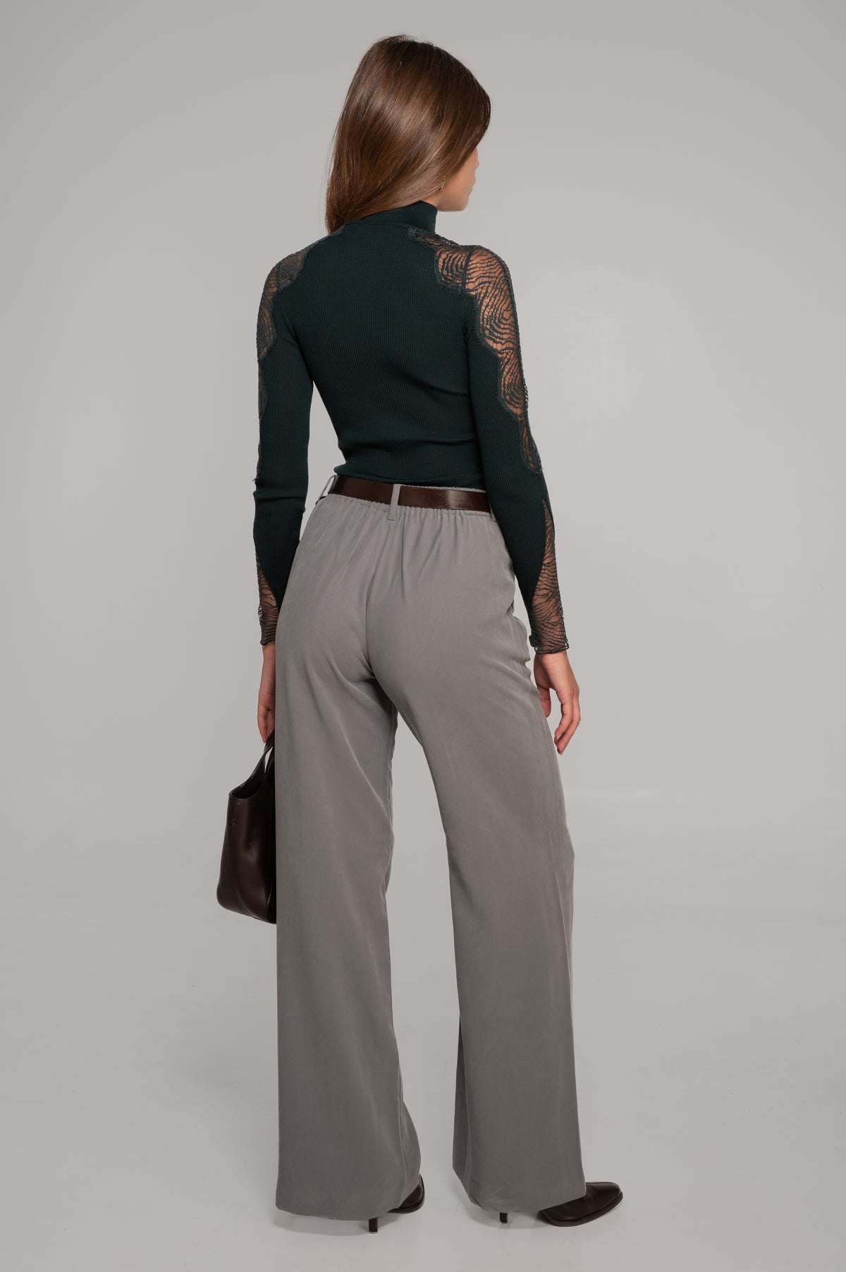 Wool and silk long sleeves mock neck shirt with Chantilly lace insert 7816