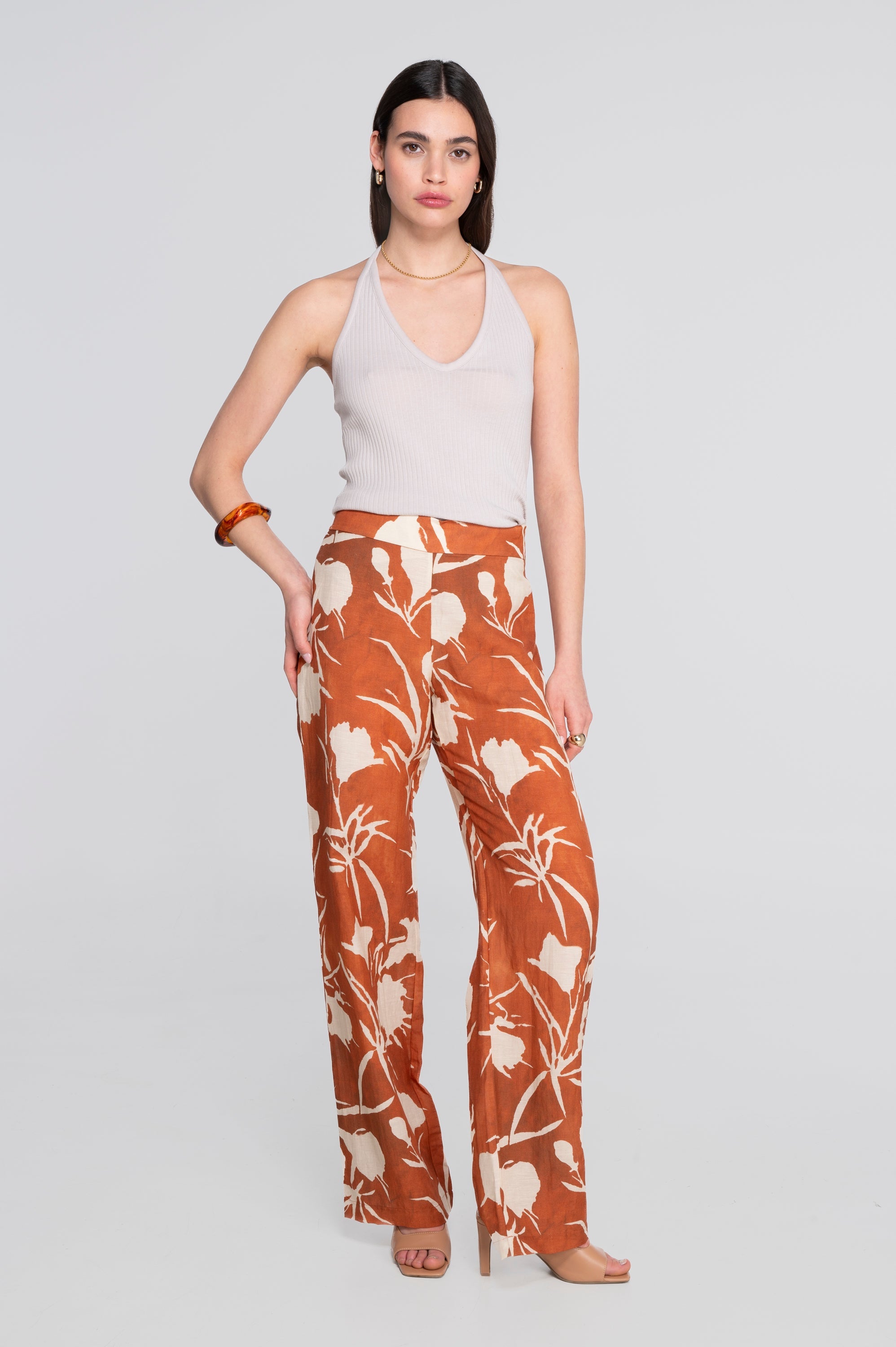 Wide-leg printed linen-viscose trousers 7536VL