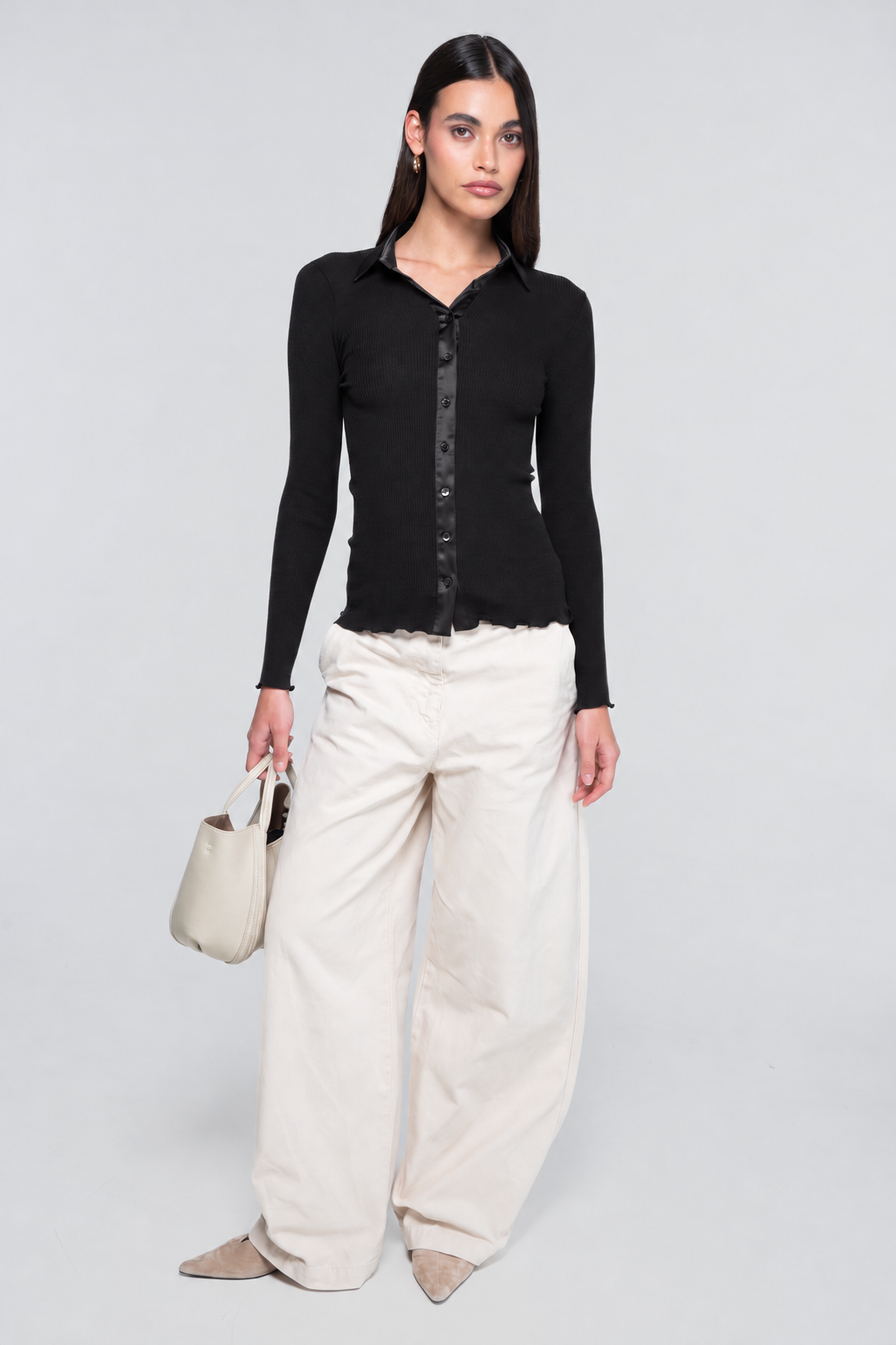 Wool and silk long sleeves shirt with satin details 6350