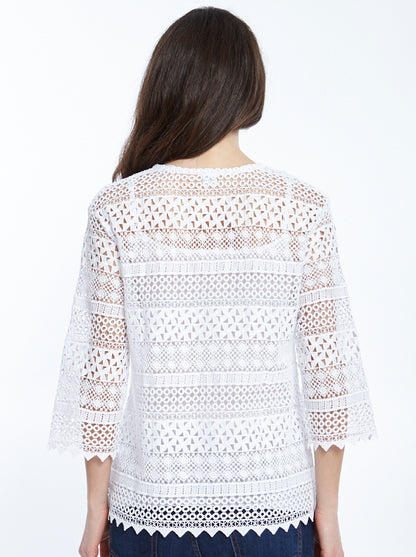 Back Midi-Sleeved Cardigan Allover Macramé Cotton