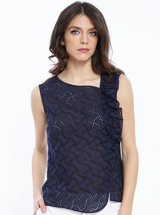 Blue Sleeveless Top in Geometric Sangallo Lace