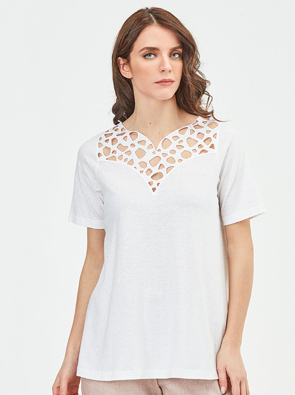 Cotton Linen T-Shirt with Macramé Motif 5734 - Oscalito