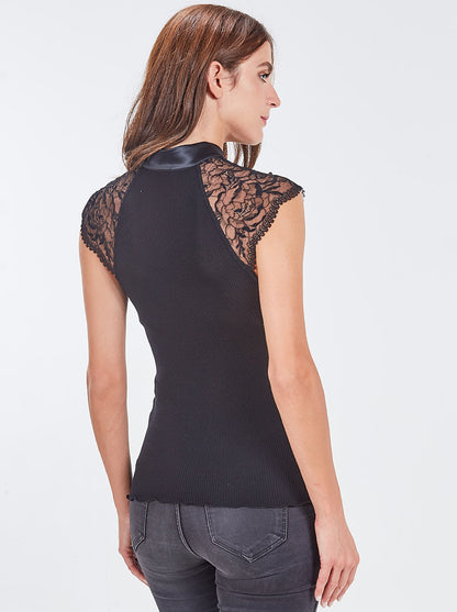 Sleeveless Top with chantilly lace satin mandarin collar 5866 - Oscalito