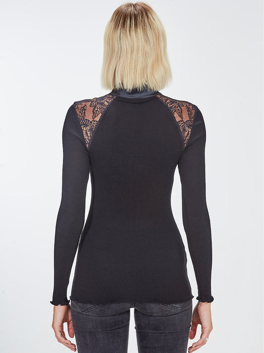 High Neckline Chantilly Longsleeves Shirt in Wool and Silk 5868 - Oscalito