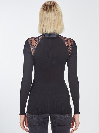 High Neckline Chantilly Longsleeves Shirt in Wool and Silk 5868 - Oscalito